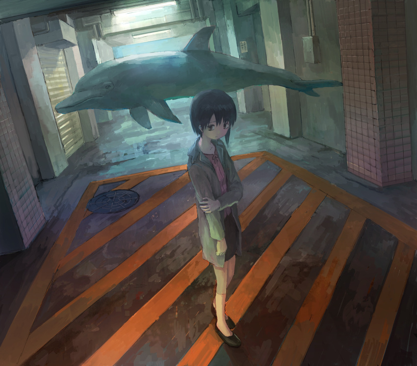 1girl animal black_footwear black_hair black_skirt brown_eyes brown_legwear ceiling_light coat commentary_request dolphin green_coat highres indoors iwakura_lain kneehighs long_sleeves looking_to_the_side manhole open_clothes open_coat pencil_skirt red_shirt serial_experiments_lain shirt shoes short_hair skirt solo standing tokunaga_akimasa wing_collar