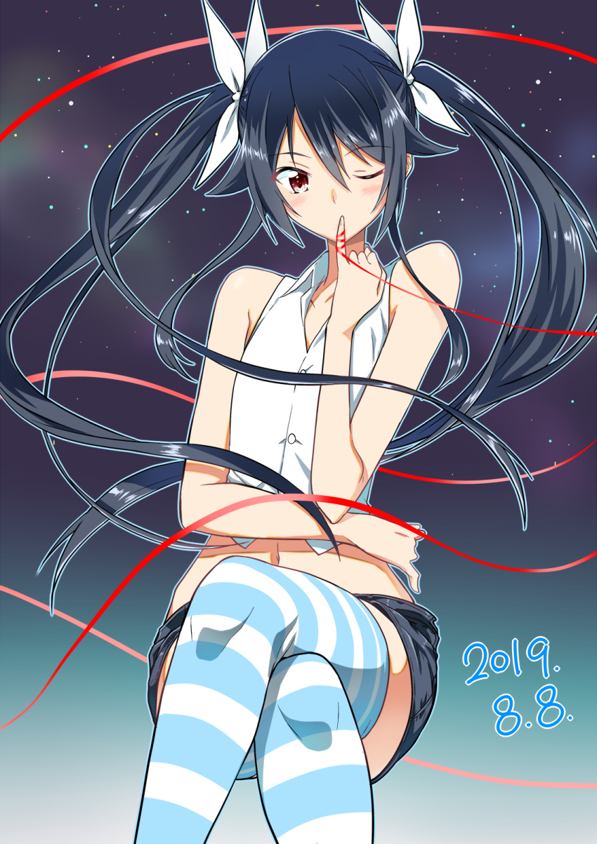 1girl bangs bare_arms bare_shoulders black_hair blue_outline blush buttons collarbone commentary_request crossed_legs dated eyebrows_visible_through_hair finger_to_mouth gradient gradient_background hair_between_eyes hair_flaps hair_ribbon highres invisible_chair long_hair navel one_eye_closed ore_twintail_ni_narimasu pinky_to_mouth red_string ribbon sitting sleeveless solo string striped striped_legwear thigh-highs tsube_aika twintails very_long_hair white_ribbon wing_collar yellow_eyes yuto_(dialique)