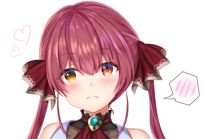 1girl absurdres bangs bare_shoulders blush closed_mouth eyebrows_visible_through_hair gem heart heterochromia highres hololive houshou_marine long_hair looking_at_viewer namekuji_ojiichan no_eyepatch no_hat no_headwear pink_hair red_eyes solo speech_bubble tagme twintails virtual_youtuber white_background yellow_eyes