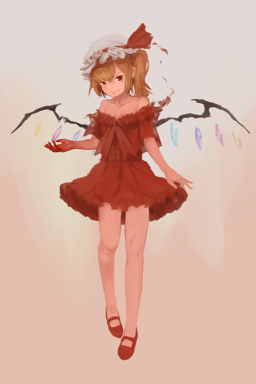 absurdres alternate_costume bangs bare_legs bare_shoulders beige_background blood bloody_clothes bloody_hands breasts closed_mouth collarbone crystal dissolving_clothes dress flandre_scarlet frilled_dress frilled_hat frills full_body gathers hat hat_ribbon highres long_fingers looking_at_viewer mary_janes mob_cap off-shoulder_dress off_shoulder one_side_up red_dress red_eyes red_footwear red_ribbon ribbon shoes short_hair sidelocks simple_background skirt_hold small_breasts smirk touhou wings xii_yashizhongzhan