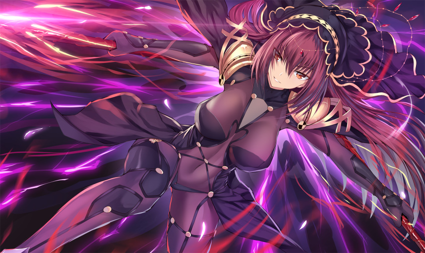 1girl bangs blush bodysuit breasts capelet circlet covered_navel dual_wielding fate/grand_order fate_(series) feng_mouren gae_bolg hair_between_eyes highres holding holding_weapon large_breasts long_hair looking_at_viewer pauldrons polearm purple_bodysuit purple_hair red_eyes scathach_(fate)_(all) scathach_(fate/grand_order) smile solo spear thighs veil weapon