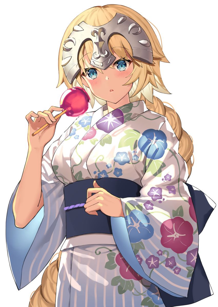 1girl :o absurdres akae_neo bangs blonde_hair blue_eyes blue_kimono blush braid breasts candy_apple commentary_request eyebrows_visible_through_hair fate/grand_order fate_(series) floral_print food hair_between_eyes headpiece highres holding holding_food japanese_clothes jeanne_d'arc_(fate) jeanne_d'arc_(fate)_(all) kimono long_hair long_sleeves looking_at_viewer medium_breasts obi parted_lips print_kimono sash simple_background single_braid solo striped vertical-striped_kimono vertical_stripes very_long_hair white_background white_kimono wide_sleeves