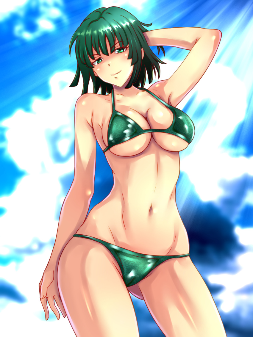 1girl arm_up ass_visible_through_thighs bangs bikini blue_sky blurry blurry_background blush breasts clouds day eyebrows_visible_through_hair fubuki_(one-punch_man) green_bikini green_eyes green_hair highres large_breasts navel nike_(0306) one-punch_man short_hair sky smile solo standing swimsuit