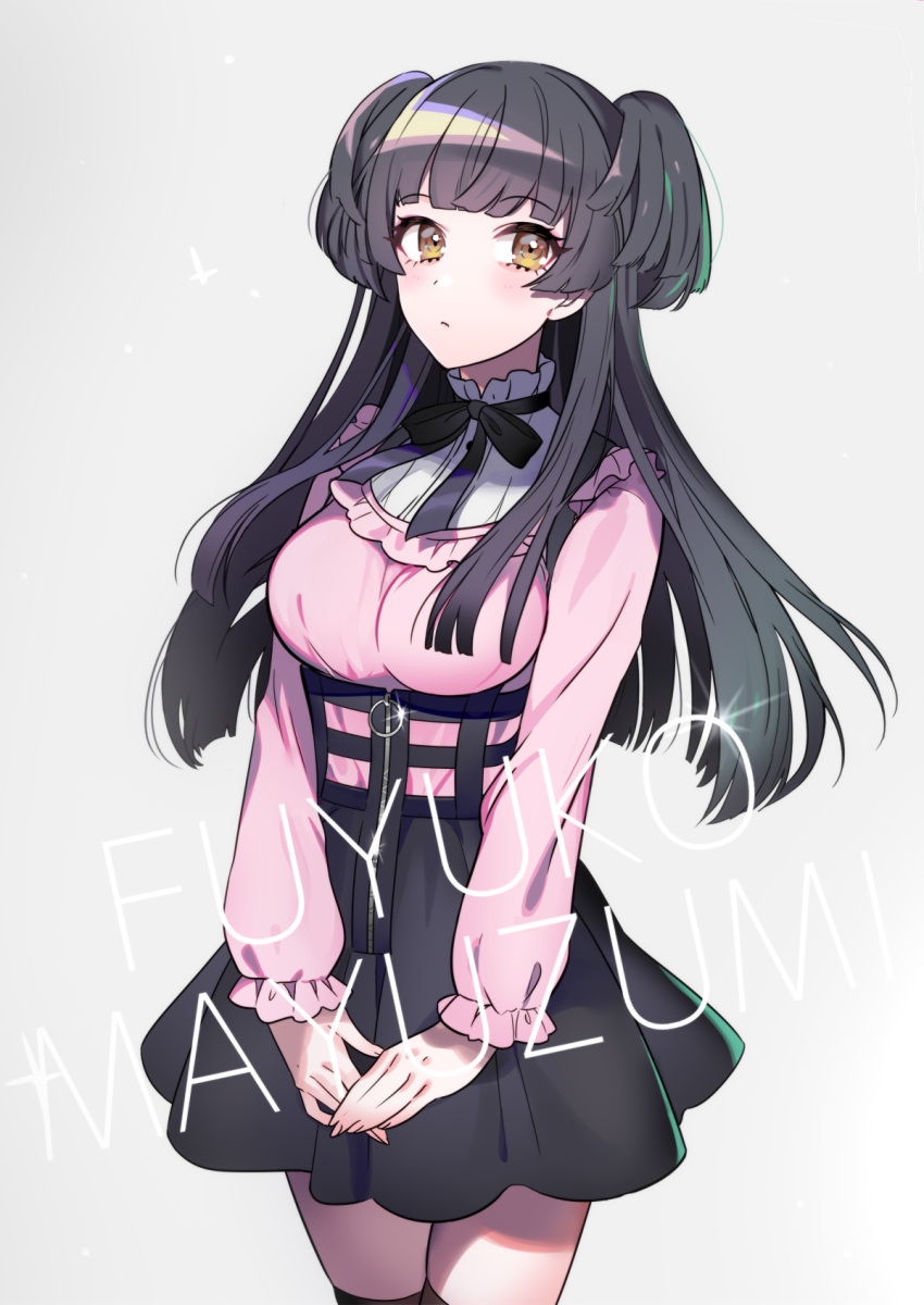 1girl bangs black_hair black_ribbon black_skirt blush breasts brown_eyes character_name closed_mouth frills grey_background highres idolmaster idolmaster_shiny_colors long_hair long_sleeves looking_at_viewer mayuzumi_fuyuko medium_breasts pink_shirt ribbon shirt skirt solo thigh-highs two_side_up yuura zettai_ryouiki