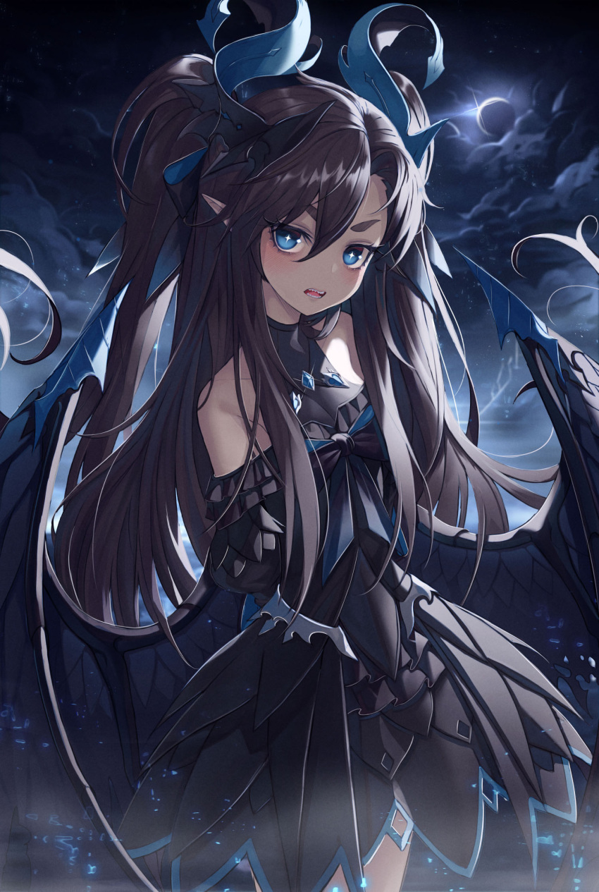 1girl arms_behind_back bangs bare_shoulders black_dress black_sky black_wings blue_eyes blush breasts clouds cowboy_shot crescent_moon curled_horns diamond-shaped_pupils dragon_girl dragon_horns dragon_tail dragon_wings dress eyebrows_visible_through_hair highres horns jewelry long_hair looking_at_viewer monster_girl moon necklace night okazu_(eightstudio) open_mouth original outdoors pointy_ears sapphire_(gemstone) sharp_teeth short_eyebrows sidelocks small_breasts solo symbol-shaped_pupils tail teeth thick_eyebrows two_side_up very_long_hair wings