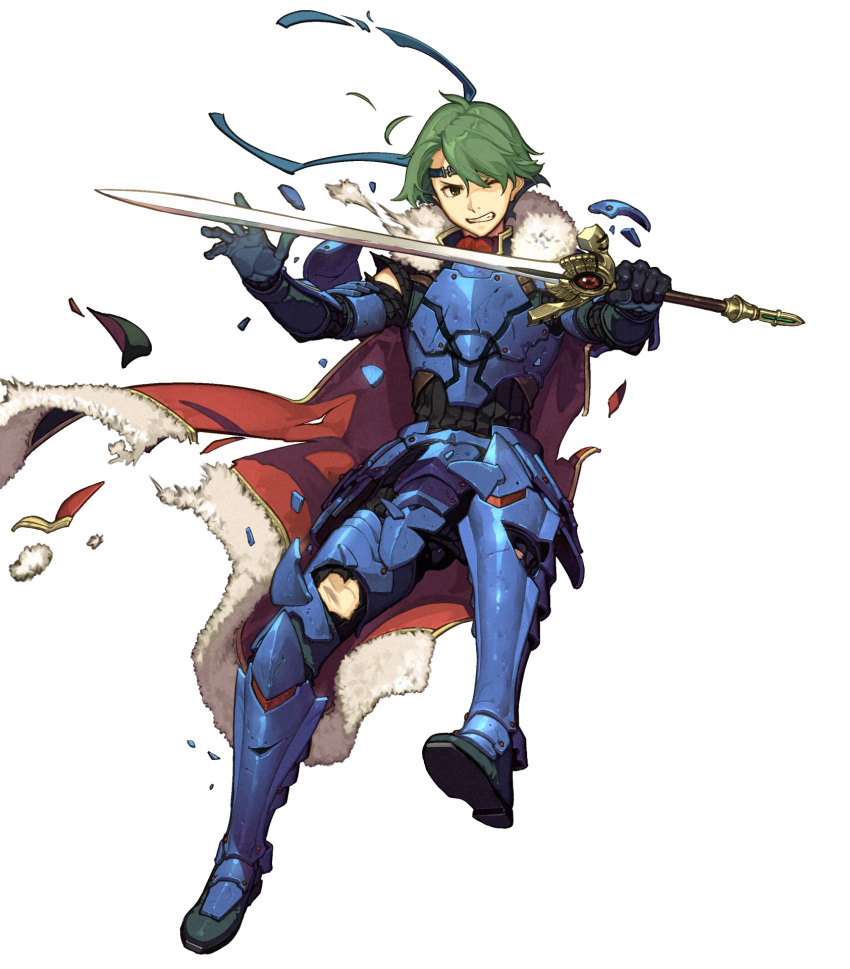 1boy alm_(fire_emblem) armor armored_boots boots cape falchion_(fire_emblem) fire_emblem fire_emblem_echoes:_shadows_of_valentia fire_emblem_gaiden fire_emblem_heroes full_body fur_trim gloves green_eyes green_hair headband hidari_(left_side) highres male_focus one_eye_closed solo sword teeth transparent_background weapon