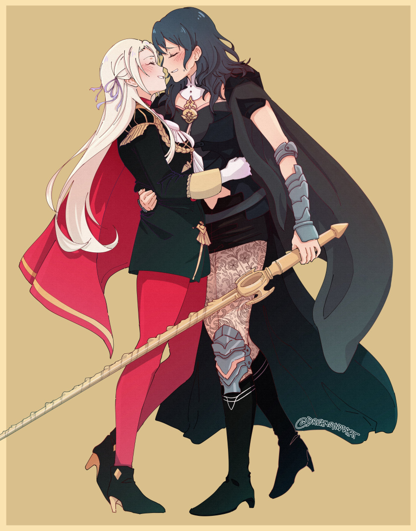 2girls absurdres arm_around_waist beige_background blush boots brooch byleth_(fire_emblem) byleth_eisner_(female) cape closed_eyes dreamsyndd edelgard_von_hresvelg fire_emblem fire_emblem:_three_houses hair_ribbon high_heels highres hug jewelry long_hair medium_hair multiple_girls noses_touching pantyhose red_legwear ribbon simple_background smile standing sword weapon yuri