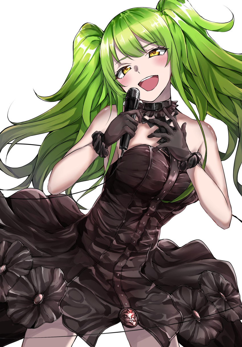 1girl :d alternate_costume bangs bare_shoulders black_choker black_dress black_gloves blush breasts choker cowboy_shot dress eyebrows_visible_through_hair girls_frontline gloves green_hair hair_between_eyes hand_up highres holding holding_microphone long_hair looking_at_viewer m950a_(girls_frontline) medium_breasts messy_hair microphone music open_mouth sidelocks singing smile solo strapless strapless_dress tete3873 twintails two_side_up yellow_eyes