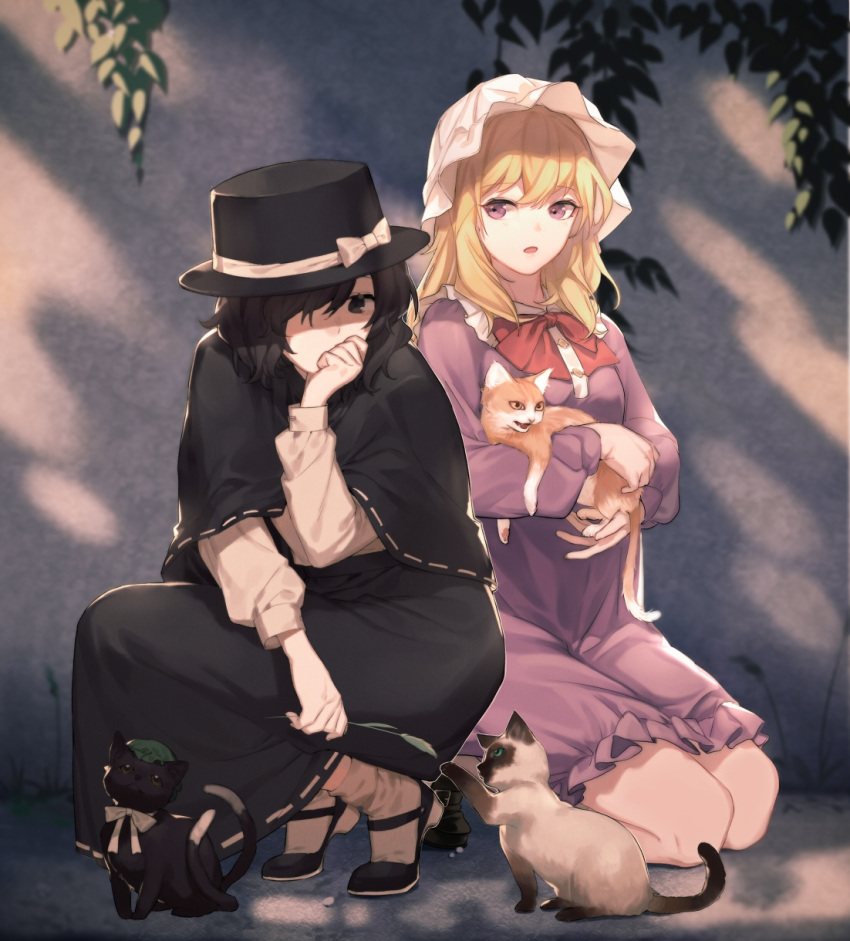 2girls bangs black_capelet black_cat black_eyes black_footwear black_hair black_headwear black_skirt blonde_hair bow bowtie capelet cat chen chen_(cat) commentary_request dress eyebrows_visible_through_hair fedora hair_over_one_eye hand_up hat hat_bow highres houraisan_chouko kneeling long_hair long_skirt long_sleeves looking_at_another maribel_hearn mob_cap multiple_girls multiple_tails nekomata purple_dress red_bow red_neckwear ribbon-trimmed_skirt ribbon_trim shadow shirt shoes short_dress short_hair skirt socks squatting tail touhou two_tails usami_renko violet_eyes white_bow white_headwear white_legwear white_shirt