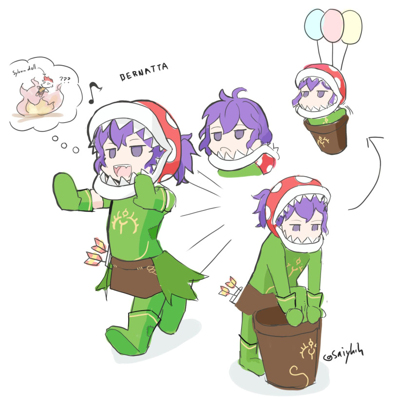 1girl arrow balloon bernadetta_von_varley chibi commentary company_connection cosplay english_commentary fangs fire_emblem fire_emblem:_three_houses fire_emblem:_three_houses flower_pot highres intelligent_systems super_mario_bros. mittens nintendo nintendo_ead piranha_plant piranha_plant_(cosplay) plant_costume purple_hair quiver saiykik short_hair solo super_smash_bros. violet_eyes