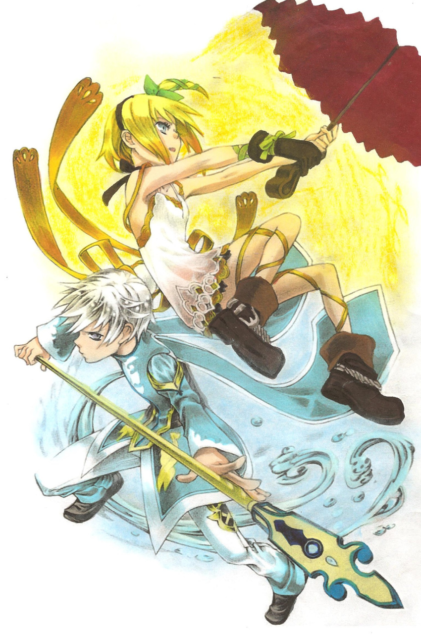 1boy 1girl black_choker blonde_hair blue_eyes choker claire_roses closed_mouth commentary dress edna_(tales) gloves hair_ribbon hairband highres marker_(medium) medium_hair mikleo_(tales) ribbon side_ponytail single_glove tales_of_(series) tales_of_zestiria traditional_media umbrella weapon white_dress