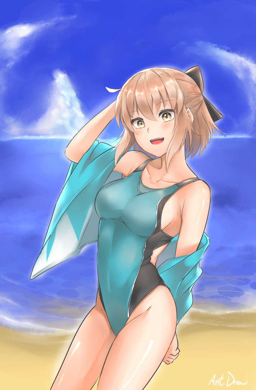 1girl absurdres ant.drew aqua_swimsuit beach black_bow blue_sky bow breasts clouds collarbone competition_swimsuit cowboy_shot day fate_(series) hair_bow half_updo highleg highleg_swimsuit highres horizon koha-ace light_brown_hair looking_at_viewer medium_breasts ocean okita_souji_(fate) okita_souji_(fate)_(all) one-piece_swimsuit open_mouth outdoors shinsengumi short_hair sky smile solo swimsuit upper_teeth
