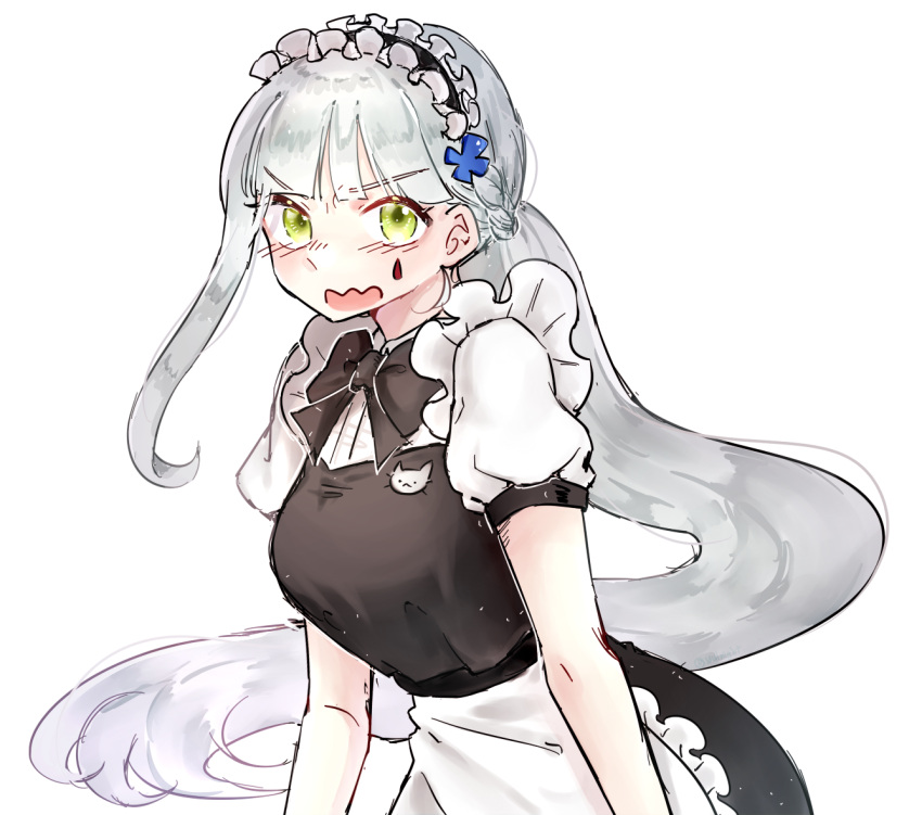 1girl apron blush breasts cat cross_hair_ornament dress embarrassed eyebrows_visible_through_hair facial_mark frilled_apron frills girls_frontline green_eyes hair_ornament hk416_(girls_frontline) long_hair looking_at_viewer maid maid_headdress medium_breasts open_mouth ponytail puffy_short_sleeves puffy_sleeves ribbon short_sleeves simple_background solo teardrop upper_body white_background white_hair yuullb
