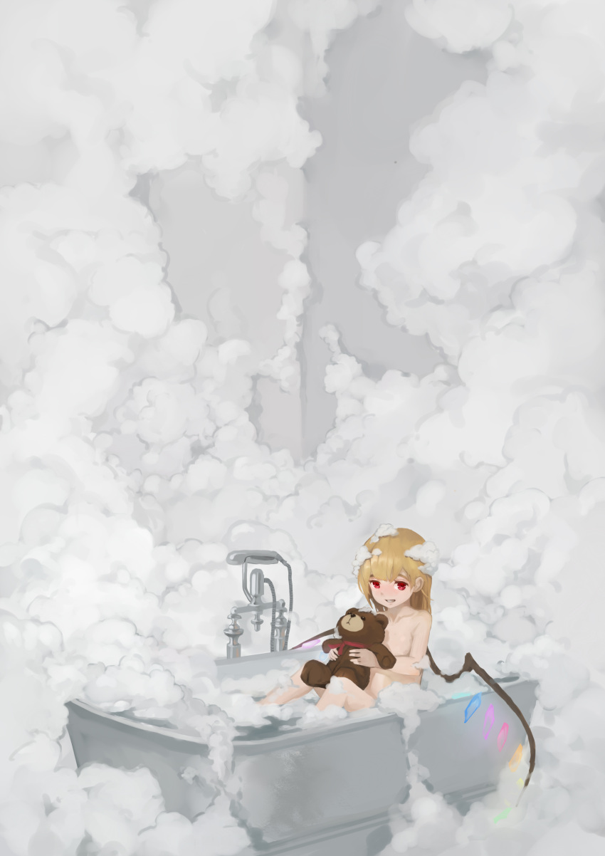 1girl absurdres bangs bath bathing bathroom bathtub blunt_bangs blush bubble_background bubble_bath commentary covering faucet flandre_scarlet glowing glowing_eyes highres holding_toy medium_hair nude nude_cover partially_submerged red_eyes red_ribbon ribbon sidelocks sitting smile soap_bubbles solo steam stuffed_animal stuffed_toy teddy_bear teeth too_many touhou water wet wet_hair wings xii_yashizhongzhan