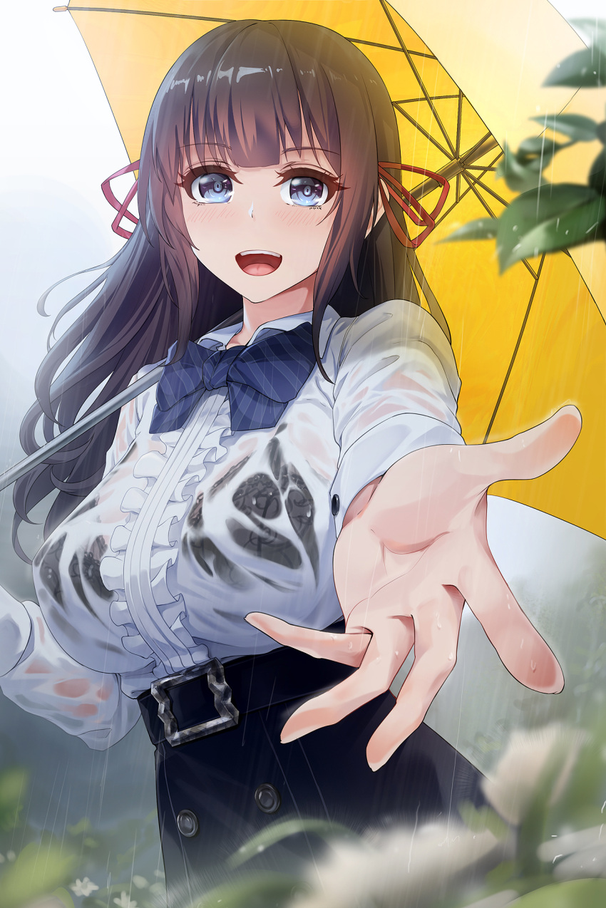 1girl :d bangs belt_buckle black_bra blue_eyes blue_ribbon blue_skirt blurry_foreground blush bra breasts brown_hair buckle center_frills collared_shirt commentary_request eyebrows_visible_through_hair frilled_shirt frills hair_ribbon high-waist_skirt highres holding holding_umbrella large_breasts long_hair long_sleeves neck_ribbon obaoba_(monkeyix) open_mouth original outdoors rain red_ribbon ribbon see-through shirt shirt_tucked_in skirt smile solo umbrella underwear wet wet_clothes wet_shirt white_shirt yellow_umbrella
