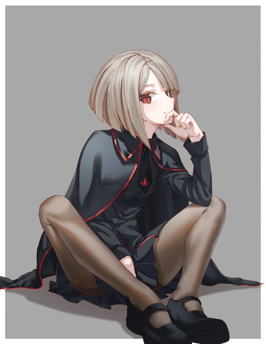 1girl absurdres black_cape black_footwear black_legwear black_neckwear black_shirt black_skirt blonde_hair breasts cape commentary_request grey_background highres ildy looking_at_viewer necktie original pantyhose pleated_skirt red_eyes shirt shoes short_hair sitting skirt slit_pupils small_breasts solo uniform