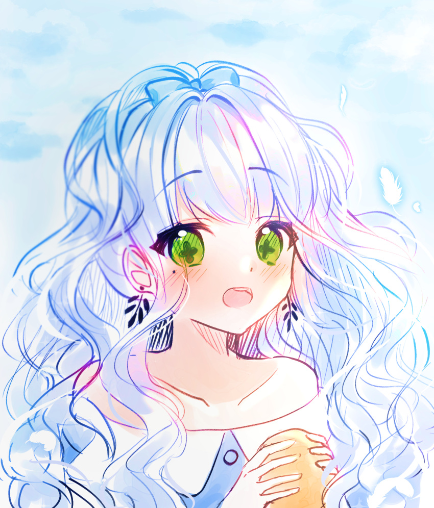 +_+ 1girl bare_shoulders blue_dress blue_sky blush clouds cloudy_sky collarbone day dress earrings green_eyes highres holding jewelry long_hair looking_at_viewer mamel_27 off-shoulder_dress off_shoulder open_mouth original outdoors round_teeth silver_hair sky solo teeth upper_teeth