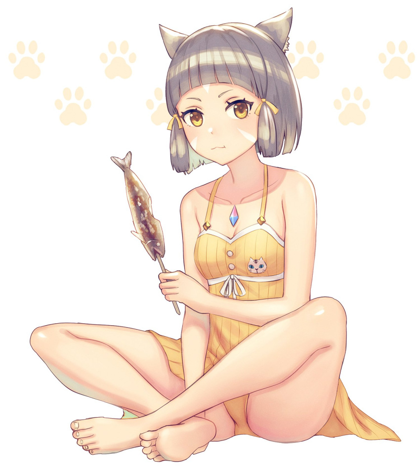 1girl anbe_yoshirou animal_ears bangs blunt_bangs cat_ears dress fish highres looking_at_viewer niyah ribbon simple_background smile solo swimsuit xenoblade_(series) xenoblade_2 yellow_ribbon