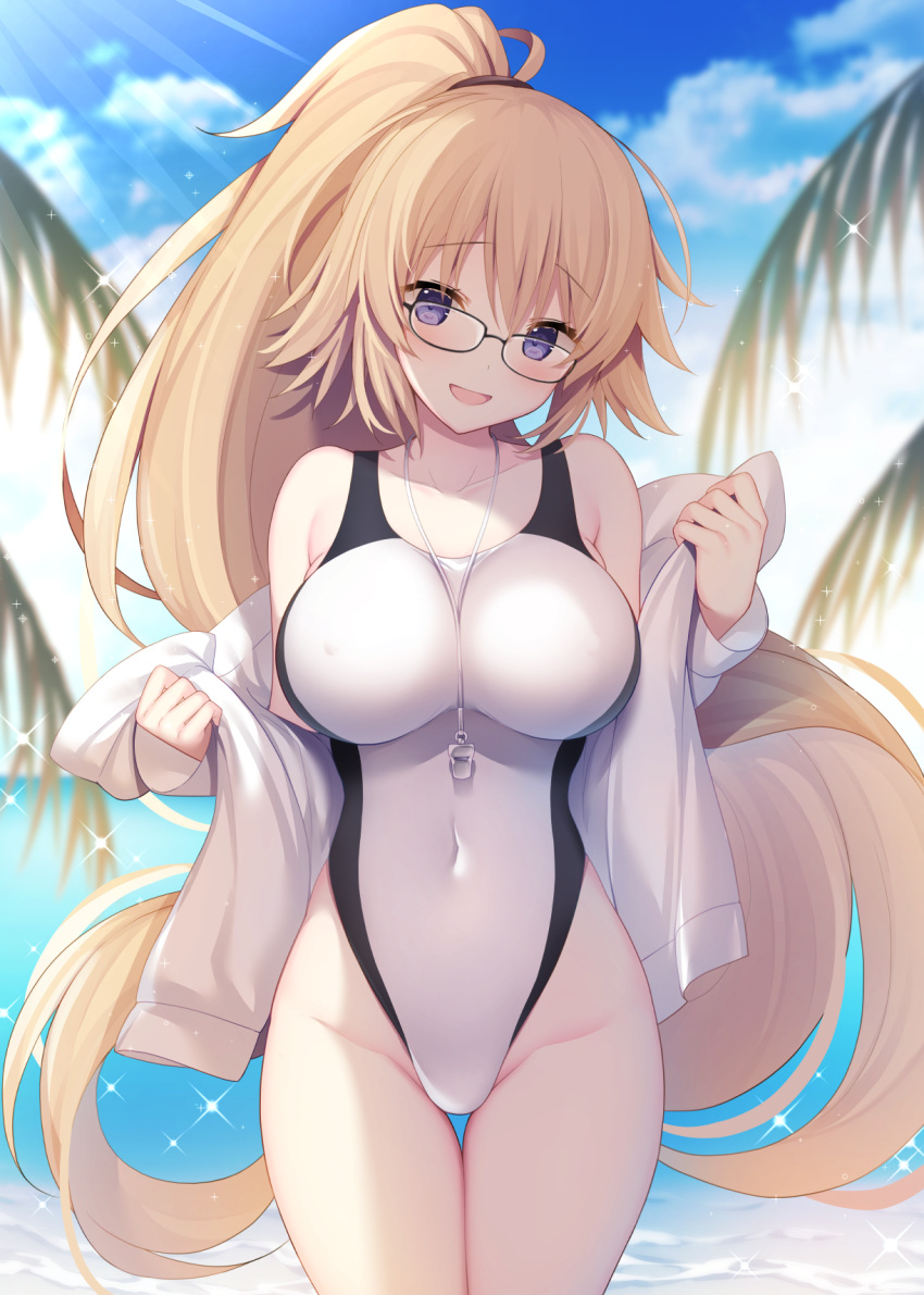 1girl :d bangs bare_shoulders beach between_breasts black-framed_eyewear blonde_hair blue_eyes blue_sky blurry blurry_background blush breasts collarbone competition_swimsuit covered_navel covered_nipples cowboy_shot day depth_of_field diffraction_spikes eyebrows_visible_through_hair fate/grand_order fate_(series) floating_hair glasses groin hair_between_eyes hair_tie head_tilt high_ponytail highleg highleg_swimsuit highres hip_focus horizon impossible_clothes impossible_swimsuit jacket jeanne_d'arc_(fate)_(all) jeanne_d'arc_(swimsuit_archer) large_breasts legs_together light_rays long_hair long_ponytail long_sleeves looking_at_viewer miko_92 ocean off_shoulder one-piece_swimsuit open_clothes open_jacket open_mouth outdoors ponytail raised_eyebrows shade sky smile solo sparkle standing sunbeam sunlight swimsuit thigh_gap thighs tree_branch very_long_hair water whistle whistle_around_neck white_jacket white_swimsuit