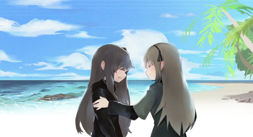 2girls :d bangs beach black_hairband black_jacket blue_sky brown_hair closed_eyes closed_mouth clouds cloudy_sky day dokomon eyebrows_visible_through_hair facing_another girls_frontline green_jacket hair_between_eyes hair_ornament hairband highres horizon jacket long_hair long_sleeves multiple_girls ocean open_mouth outdoors palm_tree profile sand short_over_long_sleeves short_sleeves sky smile tears tree ump40_(girls_frontline) ump45_(girls_frontline) upper_body very_long_hair water