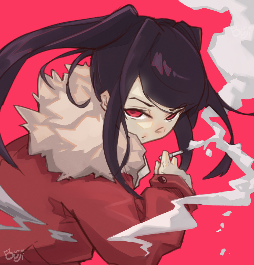 1girl cigarette coat from_side highres jill_stingray little_ouji looking_at_viewer purple_hair red_background red_eyes signature smoke solo twintails va-11_hall-a