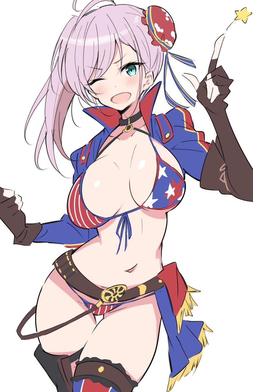 1girl absurdres american_flag_bikini asymmetrical_hair belt bikini black_gloves blue_jacket boots breasts bun_cover commentary_request cowboy_shot cropped_jacket fate/grand_order fate_(series) fingerless_gloves flag_print gloves green_eyes hair_bun highres ichi-jirushi index_finger_raised jacket large_breasts long_hair looking_at_viewer miyamoto_musashi_(fate/grand_order) miyamoto_musashi_(swimsuit_berserker)_(fate) one_eye_closed pink_hair side_ponytail smile solo swimsuit thigh-highs thigh_boots