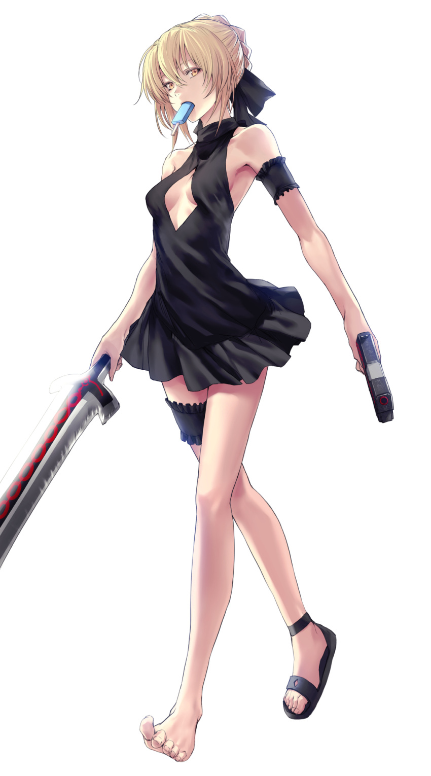 1girl applekun arm_garter artoria_pendragon_(all) black_dress black_ribbon blonde_hair breasts cleavage_cutout dark_excalibur dress eating fate/grand_order fate_(series) food frilled_dress frills full_body garters gun hair_ribbon highres holding holding_gun holding_sword holding_weapon leg_garter looking_at_viewer mouth_hold open_clothes open_shirt popsicle ribbon saber saber_alter shoes simple_background single_shoe small_breasts solo swimsuit sword weapon white_background
