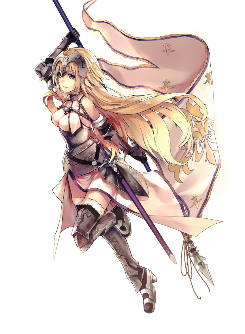 1girl absurdres applekun armor armored_dress banner blonde_hair blue_eyes braid breasts capelet chain dress fate/apocrypha fate_(series) from_side full_body gauntlets headpiece highres jeanne_d'arc_(fate) jeanne_d'arc_(fate)_(all) long_dress long_hair medium_breasts sheath sheathed simple_background single_braid solo standing standing_on_one_leg sword thigh-highs very_long_hair weapon white_background