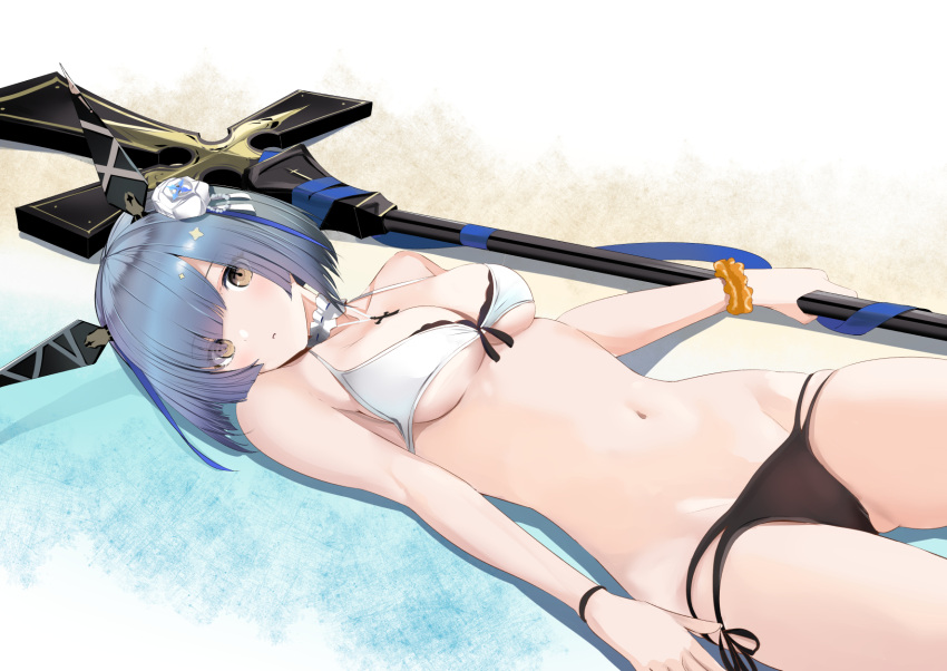 1girl alternate_costume azur_lane bangs bare_shoulders beach bikini black_bikini_bottom blue_hair breasts choker cross_(weapon) flower gascogne_(azur_lane) hair_flower hair_ornament headgear highres holding holding_weapon looking_at_viewer lying medium_breasts multicolored_hair navel ocean on_back outdoors parted_lips sand schreibe_shura short_hair side-tie_bikini solo stomach swimsuit water weapon white_bikini_top yellow_eyes