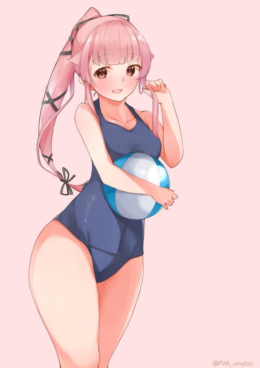 1girl absurdres alternate_costume alternate_eye_color ball beachball black_ribbon blue_eyes blue_swimsuit blush breast_press breasts collarbone covered_navel eyebrows_visible_through_hair hair_flaps hair_ribbon highres kantai_collection long_hair looking_at_viewer old_school_swimsuit one-piece_swimsuit open_mouth pink_background pink_hair ponytail ribbon school_swimsuit side_ponytail simple_background small_breasts smile solo swimsuit twitter_username uut very_long_hair yura_(kantai_collection)