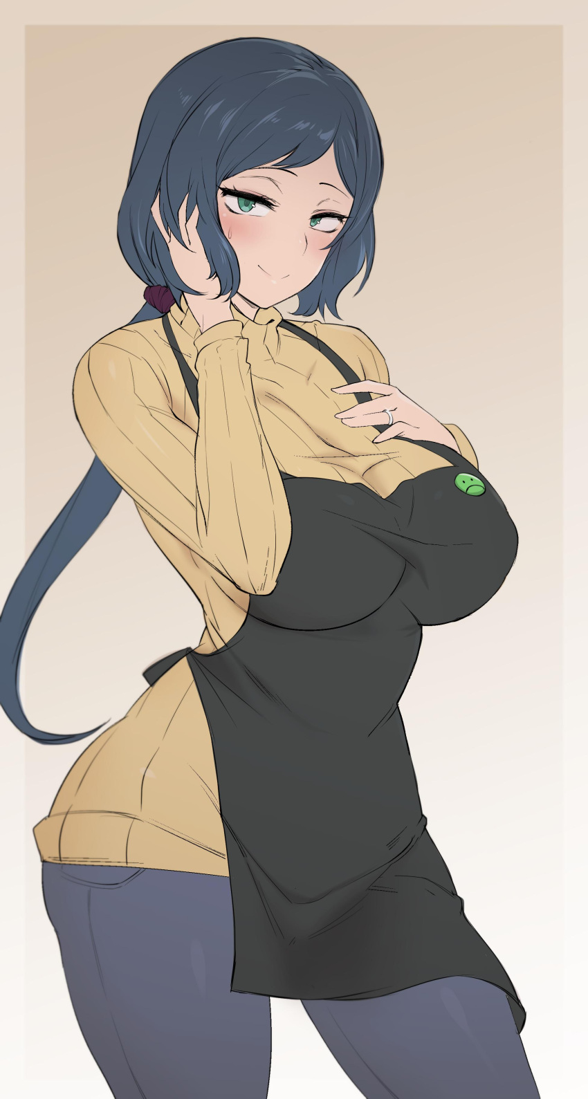 1girl absurdres apron beige_background black_apron blue_hair blush breasts denim gradient gradient_background green_eyes gundam gundam_build_fighters hand_on_own_chest highres iori_rinko jeans jewelry large_breasts long_hair looking_at_viewer low-tied_long_hair married mature pants pocari_sweat_(artist) ponytail ribbed_sweater ring smile sweater turtleneck turtleneck_sweater yellow_sweater