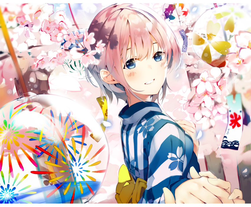 1girl bangs blue_eyes blush bow cherry_blossoms eyebrows_visible_through_hair floral_print flower go-toubun_no_hanayome hair_between_eyes highres japanese_clothes kimono looking_at_viewer looking_to_the_side nakano_ichika niii_(memstapak) parted_lips pink_flower pink_hair print_kimono sidelocks solo_focus striped tree_branch upper_body vertical-striped_kimono vertical_stripes wind_chime yellow_bow