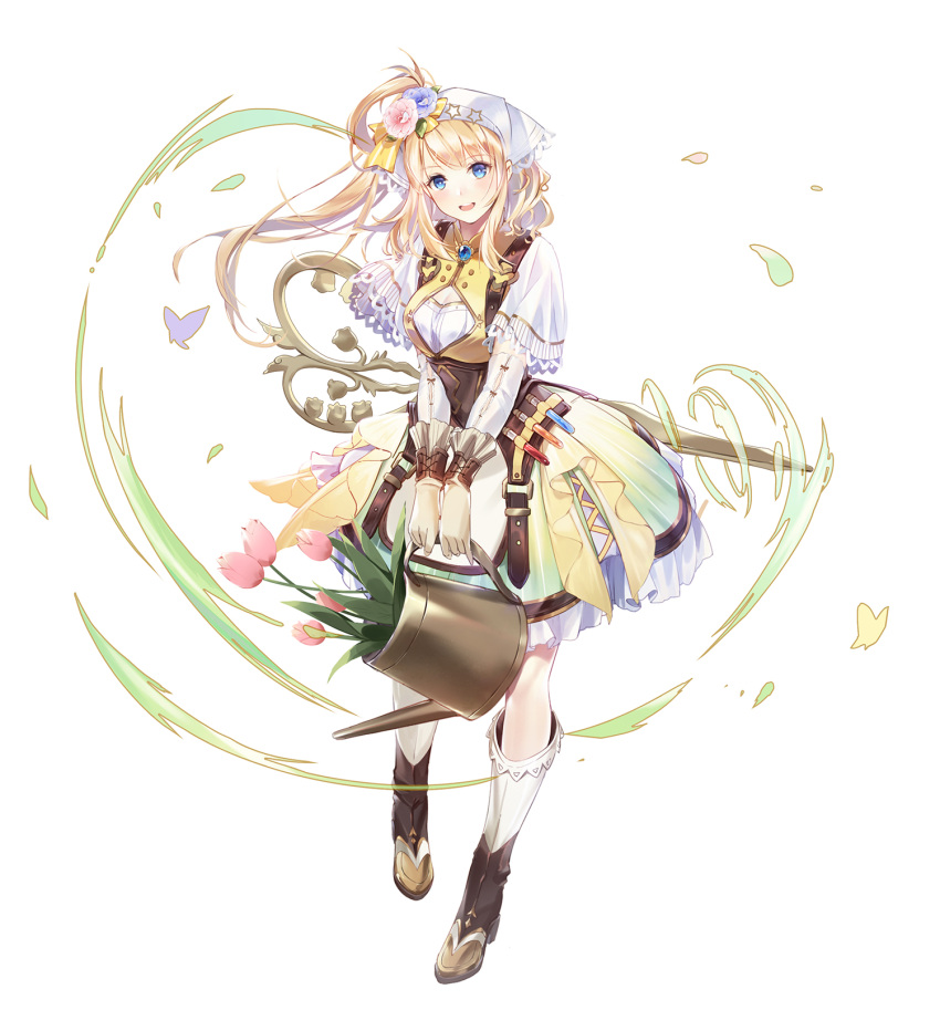 1girl bangs blonde_hair blue_eyes breasts corset dress eyebrows_visible_through_hair flower full_body hair_flower hair_ornament highres holding large_breasts long_hair looking_at_viewer open_mouth original pandako scissors solo test_tube white_background