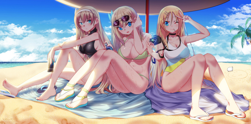 4girls alternate_costume beach beach_towel beach_umbrella bikini blonde_hair blue_eyes blue_hair blue_headwear blue_sky blue_swimsuit breasts camera can cang_se_ye_hua casual_one-piece_swimsuit clouds collarbone covered_navel day energy_drink eyewear_on_head green_bikini hair_ornament hairband hairclip hat highres holding holding_camera holding_can large_breasts lexington_(cv-16)_(warship_girls_r) lexington_(warship_girls_r) long_hair mini_hat monster_energy multicolored multicolored_clothes multicolored_swimsuit multiple_girls navel ocean one-piece_swimsuit one_eye_closed outdoors palm_tree quincy_(warship_girls_r) sand sandals saratoga_(warship_girls_r) sitting sky sunglasses swimsuit towel tree umbrella v very_long_hair warship_girls_r wet white_hairband white_swimsuit yellow_swimsuit