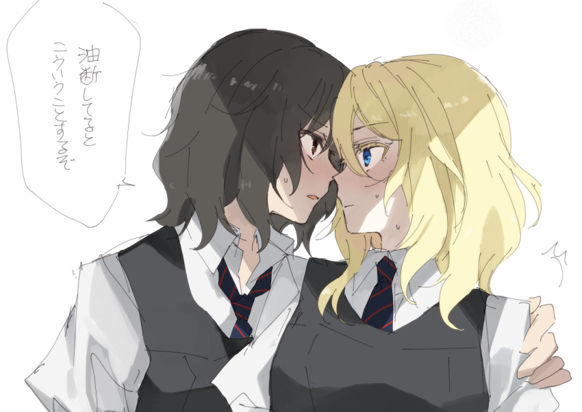 2girls amazuki_jou andou_(girls_und_panzer) bangs bc_freedom_school_uniform black_hair blonde_hair blue_eyes blush brown_eyes dark_skin face-to-face girls_und_panzer hand_on_another's_shoulder medium_hair multiple_girls necktie oshida_(girls_und_panzer) school_uniform simple_background sweatdrop white_background yuri