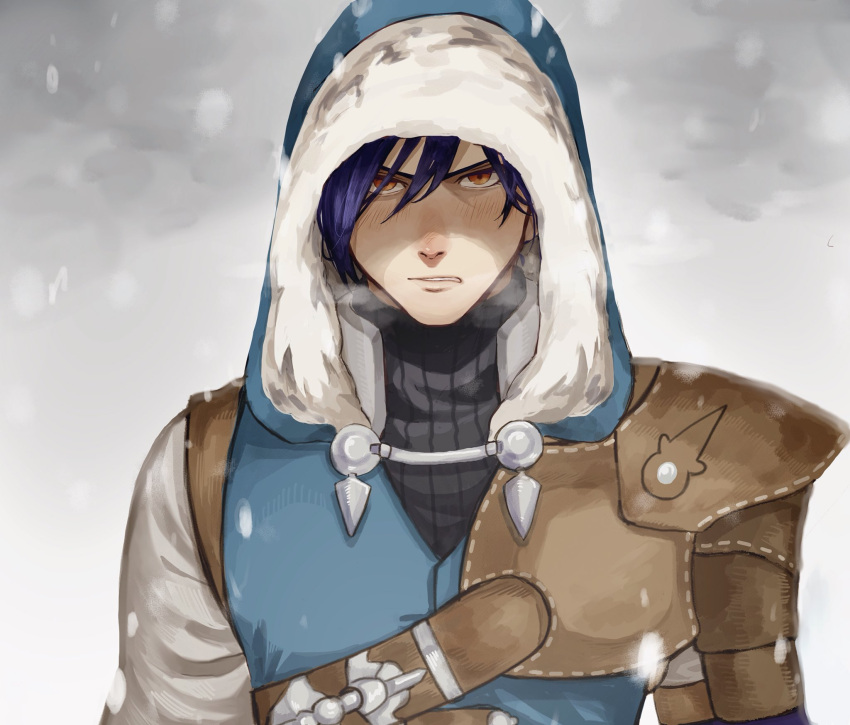 1boy black_hair blush felix_hugo_fraldarius fire_emblem fire_emblem:_three_houses fur_trim highres hood kamekomaru long_hair male_focus orange_eyes snowing solo teeth