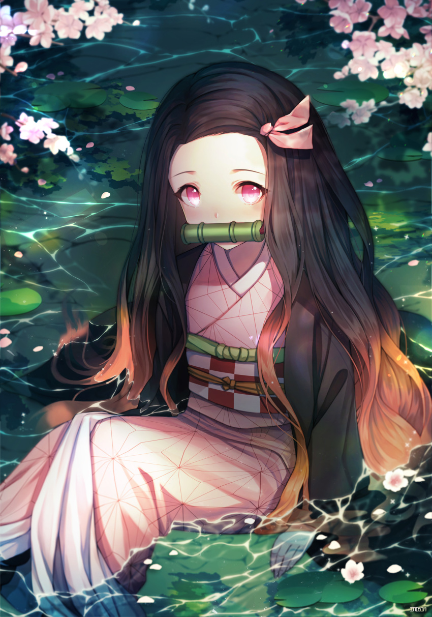 1girl absurdres bamboo bit_gag black_hair blush cherry_blossoms commentary_request fingernails gag highres inosia japanese_clothes kamado_nezuko kimetsu_no_yaiba kimono long_hair looking_at_viewer mouth_hold multicolored_hair pink_eyes revision sitting solo very_long_hair water