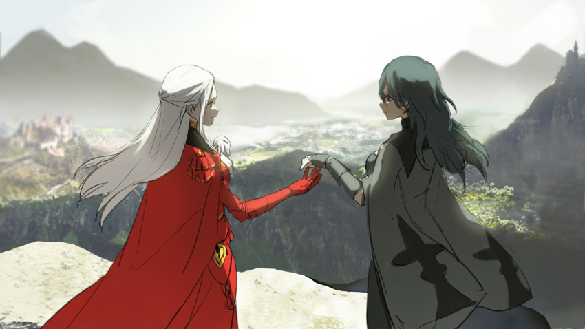 2girls black_coat blurry blurry_background byleth_(fire_emblem) byleth_eisner_(female) cape castle cliff coat edelgard_von_hresvelg eye_contact fire_emblem fire_emblem:_three_houses gloves green_hair highres kisetsu long_hair looking_at_another mountain mountainous_horizon multiple_girls open_mouth outstretched_arm red_cape red_gloves same_height smile standing yuri