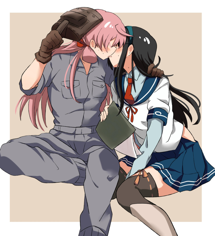 2girls absurdres akashi_(kantai_collection) black_hair blue_sailor_collar blue_skirt border brown_gloves clipboard commentary_request feet_out_of_frame gloves grey_jumpsuit hair_ribbon hairband highres hip_vent kantai_collection kiss long_hair long_sleeves miiii multiple_girls necktie ooyodo_(kantai_collection) pink_background pink_hair pleated_skirt red_neckwear ribbon sailor_collar school_uniform serafuku sitting skirt thigh-highs tress_ribbon two-tone_background welding_mask white_border yuri