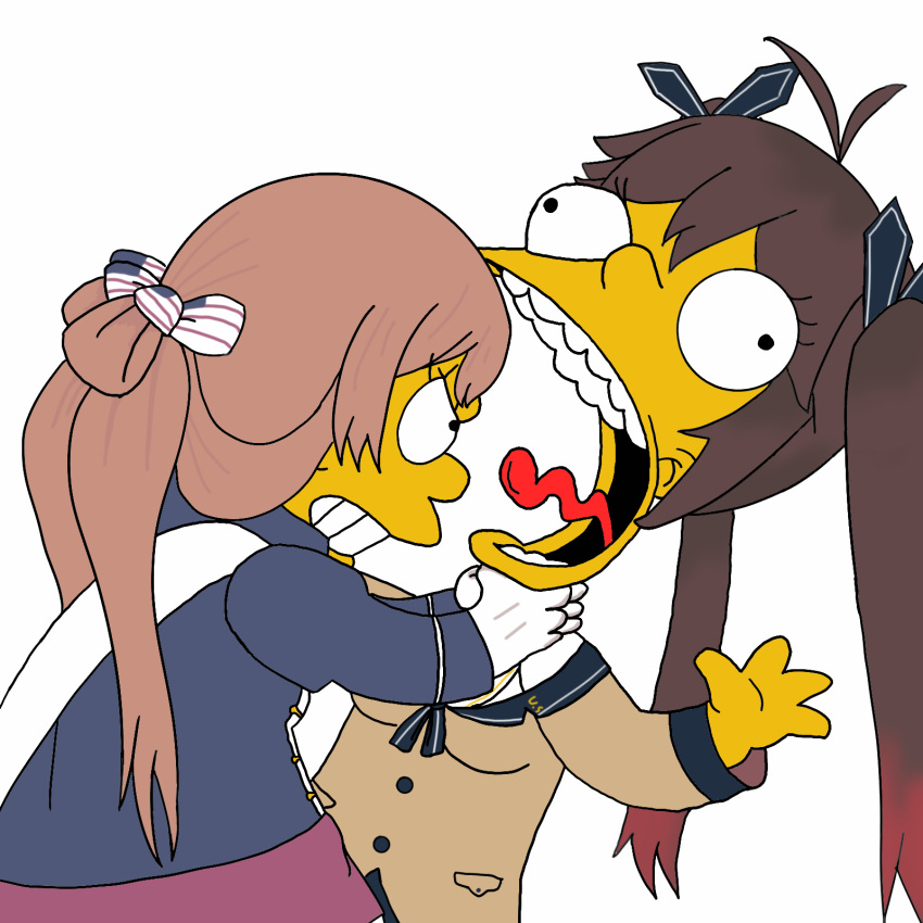 2girls angry artist_request asphyxiation choking commentary_request girls_frontline gloves highres korean_commentary m14_(girls_frontline) m1903_springfield_(girls_frontline) matt_groening_(style) multiple_girls open_mouth school_uniform serafuku the_simpsons tongue tongue_out twintails