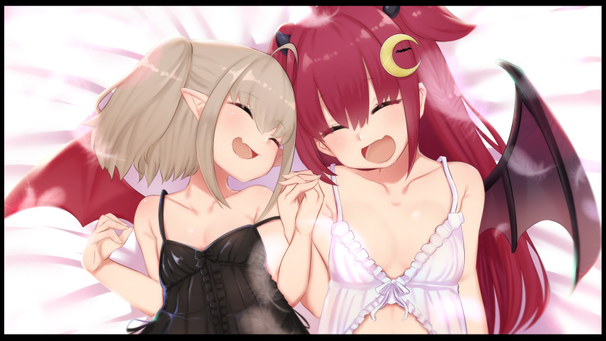 ahoge bare_shoulders breasts commentary_request demon_girl demon_wings fang highres kio_(yumekuikio) lingerie long_hair makaino_ririmu medium_hair multiple_girls nijisanji open_mouth pointy_ears red_wings silver_hair smile twintails underwear virtual_youtuber wings yuzuki_roa