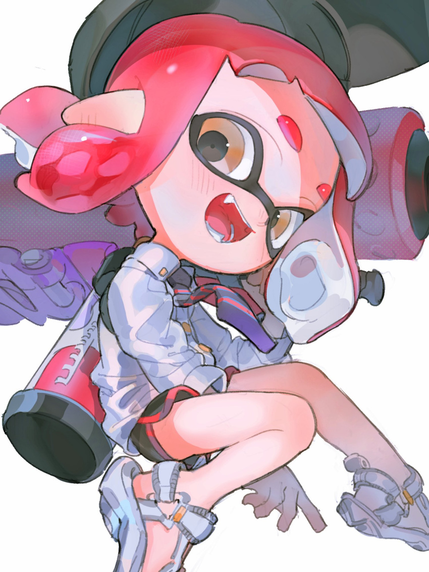 1girl :d aspara bangs black_headwear black_shorts blunt_bangs blush brown_eyes commentary domino_mask dress_shirt ear_blush fangs gym_shorts hat highres holding holding_weapon ink_tank_(splatoon) inkling invisible_chair light_blush long_sleeves looking_at_viewer mask necktie open_mouth pointy_ears redhead sandals shirt short_hair shorts simple_background sitting smile solo splat_roller_(splatoon) splatoon_(series) splatoon_2 striped striped_neckwear tentacle_hair weapon white_background white_footwear white_shirt