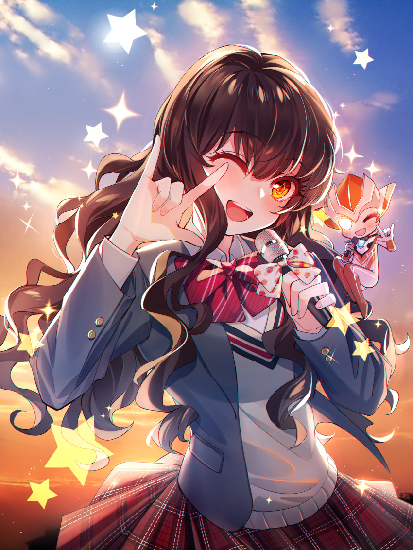 1girl ;d \m/ absurdres bangs baocaizi blazer blue_jacket blue_sky blush bow brown_hair clouds cloudy_sky collared_shirt diagonal_stripes eyebrows_visible_through_hair fingernails food_print hair_between_eyes head_tilt highres holding holding_microphone jacket long_hair long_sleeves looking_at_viewer microphone minato_asahi one_eye_closed open_blazer open_clothes open_jacket open_mouth orange_eyes outdoors plaid plaid_skirt pleated_skirt print_bow red_bow red_skirt round_teeth school_uniform shirt skirt sky smile star strawberry_print striped striped_bow sunset sweater_vest teeth ultra_series ultraman_r/b ultrawoman_grigio unmoving_pattern upper_teeth very_long_hair wavy_hair white_bow white_shirt