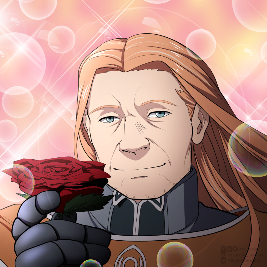 1boy absurdres artist_name beard blue_eyes bubble facial_hair fire_emblem fire_emblem:_three_houses flower gilbert_prosnilav gloves highres leaf long_hair male_focus orange_hair pelissashieva rose sparkle upper_body watermark web_address