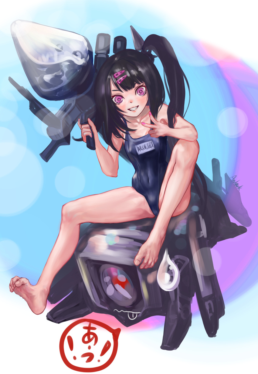 1girl absurdres anlark architect_(girls_frontline) ass barefoot black_hair blue_swimsuit blush breasts character_name covered_navel covered_nipples dinergate_(girls_frontline) girls_frontline grin hair_ornament hairclip highres holding holding_weapon long_hair one-piece_swimsuit purple_nails rocket_launcher sangvis_ferri school_swimsuit side_ponytail sitting smile solo spread_legs swimsuit violet_eyes weapon younger