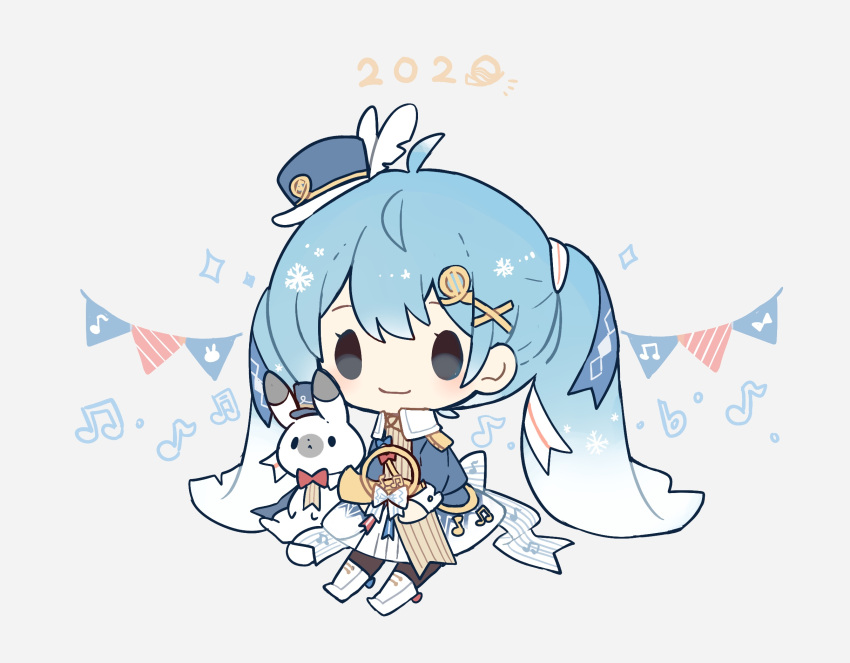 1girl 2020 band_uniform beamed_eighth_notes blue_hair boots bow bowtie chibi collar collared_shirt eighth_note epaulettes flag french_horn gradient_hair hair_ornament hairclip hat hatsune_miku highres holding holding_instrument instrument long_hair maple_(57675110) mini_hat mini_top_hat multicolored_hair musical_note musical_note_print quarter_note rabbit red_neckwear ribbon shirt smile snowflake_print solid_oval_eyes sparkle thigh-highs top_hat twintails very_long_hair vocaloid white_collar yuki_miku yuki_miku_(2020) yukine_(vocaloid)