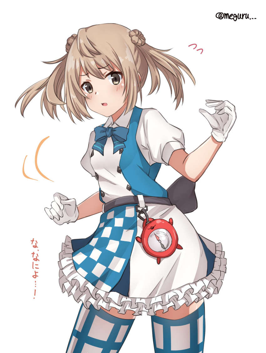 1girl blue_neckwear checkered_apron commentary_request compass double_bun dress enemy_lifebuoy_(kantai_collection) frilled_dress frills gloves hair_bun highres kantai_collection light_brown_hair looking_at_viewer meguru_(megurunn) michishio_(kantai_collection) plaid plaid_legwear shinkaisei-kan short_sleeves short_twintails simple_background solo thigh-highs translated twintails twitter_username two-tone_background two-tone_dress white_background white_gloves yellow_eyes