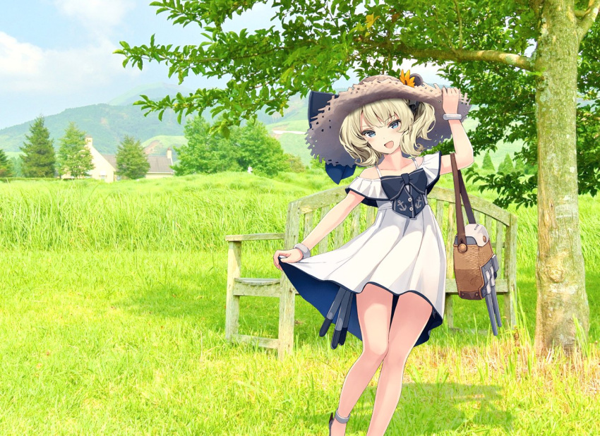 1girl bag bench black_bow blonde_hair blue_eyes bow breasts clouds cloudy_sky colorado_(kantai_collection) commentary_request day dress field grass hair_ribbon handbag hat headshop house kantai_collection large_breasts mountainous_horizon open_mouth photo_background ribbon shoes short_hair side_braids sky solo sun_hat third-party_edit torpedo tree turret white_dress white_ss_yu yukikaze_(kantai_collection)