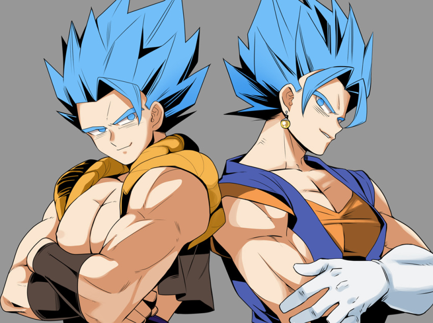 2boys back-to-back bangs bare_arms blue_eyes blue_hair crossed_arms dougi dragon_ball dragon_ball_z earrings gloves gogeta grey_background head_tilt jewelry kanekiyo_miwa looking_away male_focus multiple_boys muscle nipples parted_lips pectorals potara_earrings profile shaded_face simple_background smile spiky_hair super_saiyan_blue upper_body vegetto waistcoat white_gloves wristband