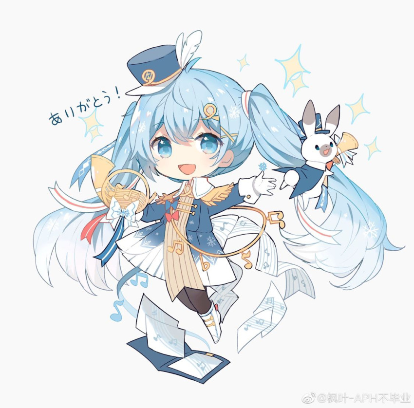 1girl band_uniform beamed_eighth_notes blue_eyes blue_hair boots chibi collar eighth_note epaulettes folder french_horn fringe_trim hair_ornament hair_ribbon hairclip hat hat_feather hatsune_miku holding holding_instrument horn_(instrument) instrument long_hair looking_at_viewer maple_(57675110) mini_hat mini_top_hat musical_note open_mouth quarter_note rabbit ribbon sheet_music smile snowflake_print snowflakes sparkle thigh-highs top_hat translated twintails uniform very_long_hair vocaloid white_collar yuki_miku yuki_miku_(2020) yukine_(vocaloid)